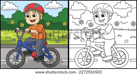 Boy Biking Coloring Page Colored Illustration