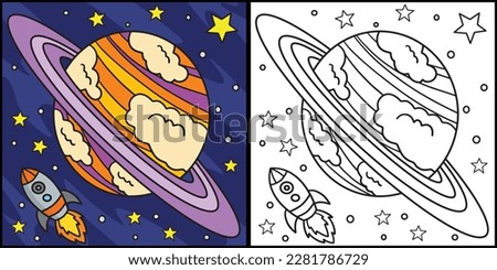 Planet Saturn Coloring Page Colored Illustration