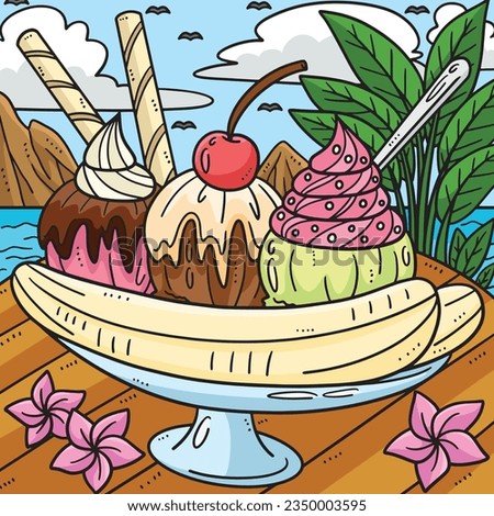 Summer Banana Split Colored Cartoon Illustration