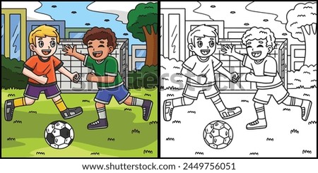 Kids Playing Soccer Coloring Colored Illustration