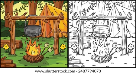 Camping Cooking Pot Over a Bonfire Illustration