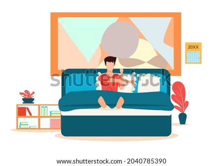 Concept Lifestyle relax, free day, happy holiday. man waking up from bed. Vector flat style. Illustration for content getup, rest time, vacation 