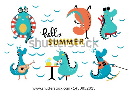 Vector illustration hello summer set of cute cartoon monsters: in the pool, on the beach, water skiing monster, in a cafe, monster upside down, monster sings.