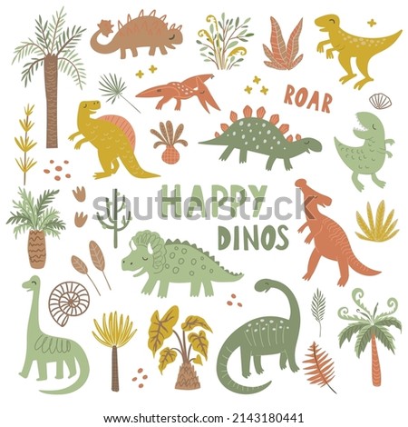 Set of cute dinosaur and jurassic plants. T-rex, tyrannosaurus, diplodocus, pterodactyl, stegosaurus and spinosaurus. Happy dino vector illustration on white background. Photo stock © 