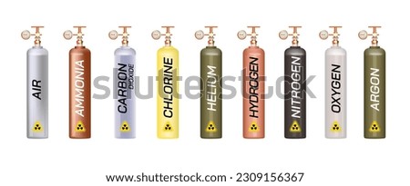 Chemical gas cylinders illustration. ammonia, carbon dioxide, chlorine, helium, hydrogen, nitrogen oxygen and argon gas cylinder. Noble gases cylinder images with color code.