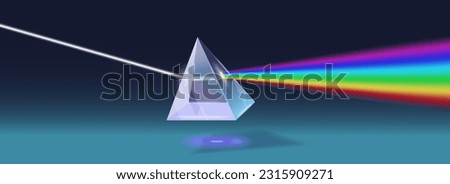 Realistic Prism, light and spectrum vector illustration. Prism and spectrum image. White light refraction of colorful rainbow through a clear prism. Reflection and refraction light and optic science. 