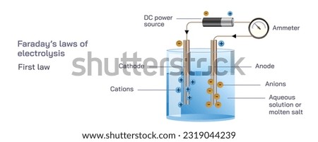 Faraday's First Law and second law of Electrolysis vector illustration. chemical reaction at electrode under electrical energy proportional to electricity passed through electrolyte. general physics 