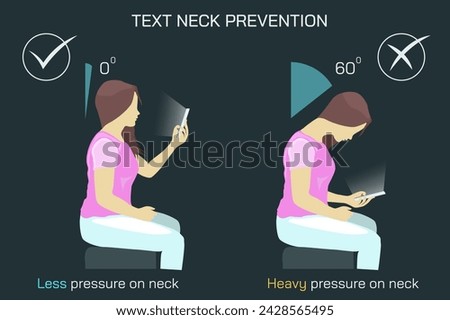 Text Neck Syndrome of phone posture is the onset of cervical spinal degeneration from excess look down at mobile screens. Aka Anterior head prevention. Cervical neck aches vector illustration. 