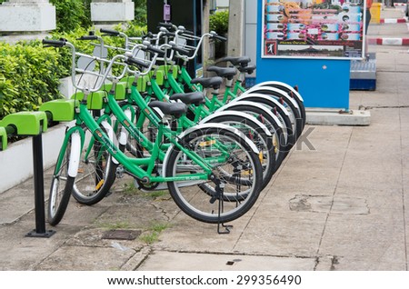 UDONTHANI, THAILAND - JULY 24: Some bicycles of the bike rental service in Udonthani, Thailand on July 24, 2015. Bike sharing service that people can rent bicycles for short trips.