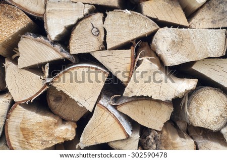 Stack of wood. The stock of firewood. Birch firewood. Close-up.