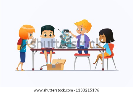 Multiracial boys and girls standing and sitting around desk with laptops, robot and working on school project for programming lesson. Concept of coding robotics for kids. Cartoon vector illustration