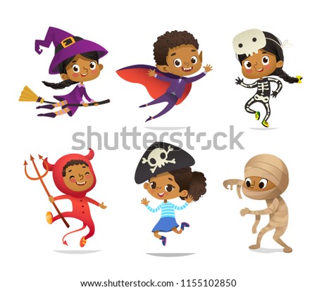 African-American set of Boys and Girls, wearing Halloween costumes isolated on white background. Cartoon vector characters of Kid witch, pirate, Dracula, devil, skeleton, mummy, for party, web, mascot