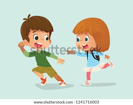Cute boy and girl playing catch-up game. Kindergarten kids run one after another, playing catch up. Preschool kids playing on a school playground. Happy childhood. Modern vector illustration. Clipart.
