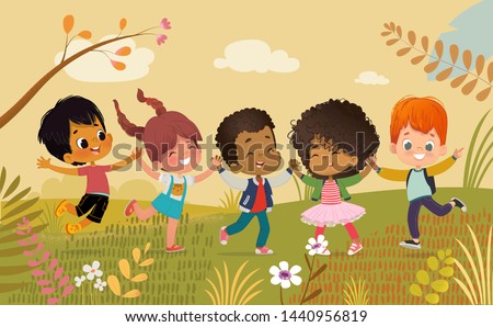 Multicultural Boys and girls holding hands and happily jump. Kids Play outdors. Colorful flowers and trees at the background