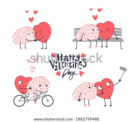 Big Set of Happy Valentines Day Theme Icons. Heart and Mind Relationship. Heart and Brain Fell in Love