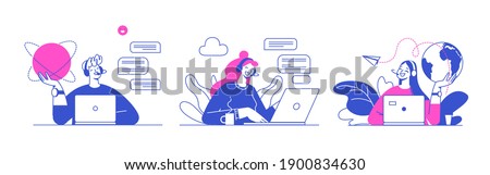 Flat vector design illustrations, technical support assistant, customer and operator vector. Customer service, hotline operator advises customer, online global technical support 247.