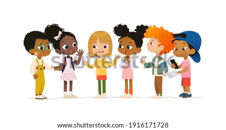 Group of multicultural children talk to each other. School boy with vitiligo say hello to new friends. Asian boy scan QR code. School friends have fun.