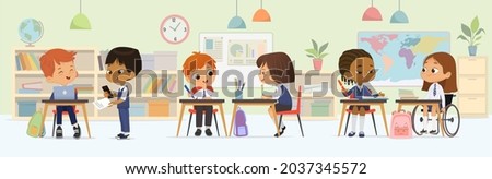 Lesson inclusive school uniform classmates sitting at tables studying together vector flat. Girl in wheelchair learning at multiracial diverse class with schoolboy and schoolgirl educational activity