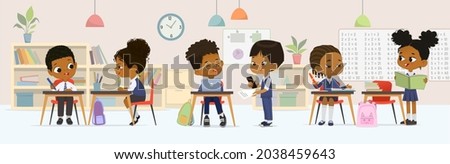 Dark skin children studying at multiracial elementary school sitting at tables talking together at classroom vector flat illustration. Diverse schoolboy and schoolgirl classmates wearing uniform