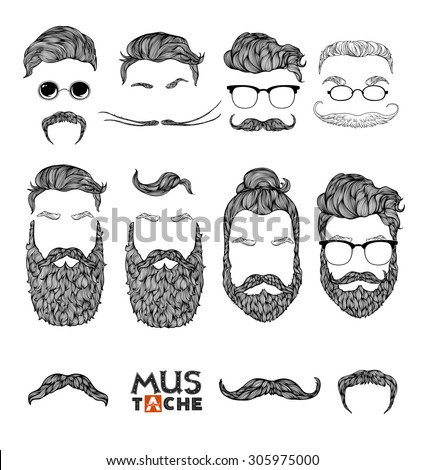 Hand Drawn Mustache Beard And Hair Style. Hipster Curly 