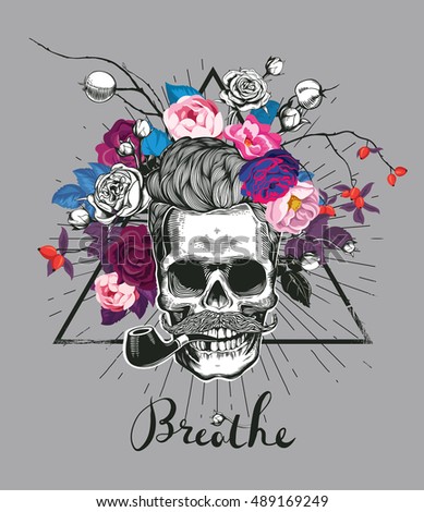 Fashion illustration depicting a skull with the tobacco pipe in his teeth. Hipster. Mexican Day of the Death. Trending floral background. Could be used for T-shirt print, cards, banners. Vector