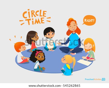 Kids listen and talk to friendly preschool teacher during educational activity in kindergarten. Learning through play and entertainment concept. Vector illustration for advertisement, banner, website