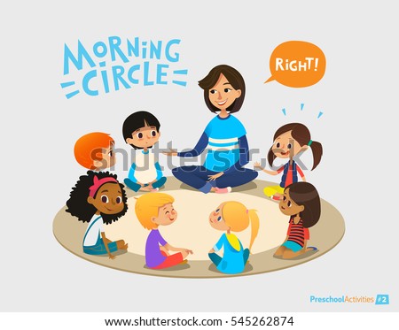 Smiling kindergarten teacher talks to children sitting in circle and asks them questions. Preschool activities and early childhood education concept. Vector illustration for poster, website banner