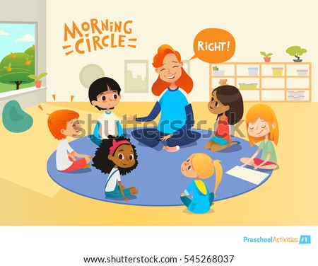 Teacher asks children questions and encourage them during morning lesson in preschool classroom. Circle-time. Pre-primary school education concept. Vector illustration for poster, advertisement.