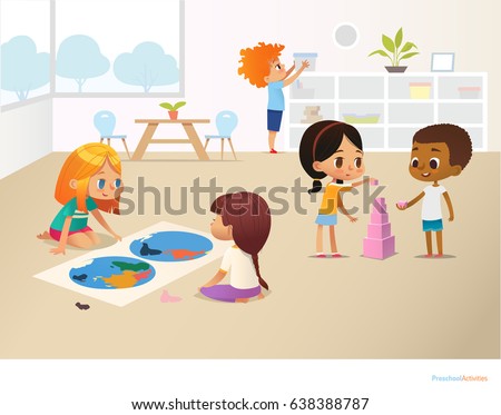 Smiling kids doing different tasks at primary school. Boys and girls building pyramid out of pink blocks and viewing world map. Montessori environment concept. Vector illustration for poster, banner.