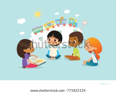 Cute little girl holding book and telling story to her friends sitting around on floor and imagining animals traveling on train. Smiling children listening to fairy tale. Cartoon vector illustration.