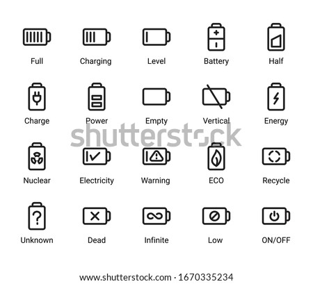 Simple Set of Batteries Related Vector Grid Line Icons.  UI design elements of battery percentage, Recycle, Phone Charging, Battery Life Time and more. Editable Stroke. 30x30 Pixel Perfect.