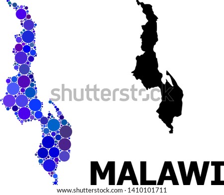 Blue circle mosaic and solid map of Malawi. Vector geographic map of Malawi in blue color hues. Abstract mosaic is organized with scattered circle dots.