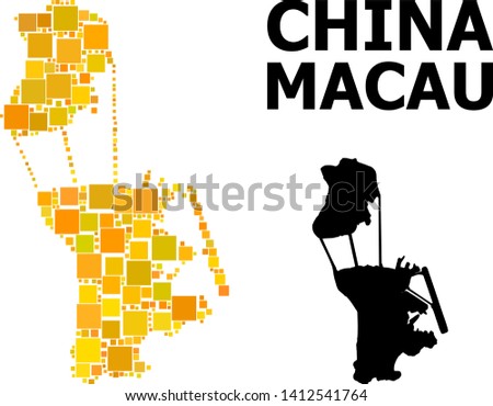 Gold square mosaic and solid map of Macau. Vector geographic map of Macau in yellow golden color tints. Abstract mosaic is created with random flat square points.