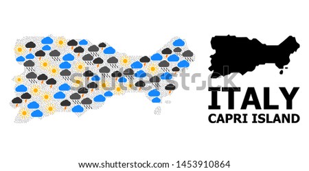 Climate mosaic vector map of Capri Island. Geographic mosaic map of Capri Island is constructed with randomized rain, cloud, sun, thunderstorm symbols.