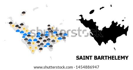 Weather mosaic vector map of Saint Barthelemy. Geographic mosaic map of Saint Barthelemy is organized with random rain, cloud, sun, thunderstorm items.
