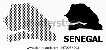 Pixel map of Senegal composition and solid illustration. Vector map of Senegal composition of circle elements with hexagonal periodic order on a white background.