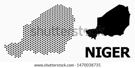 Pixelated map of Niger composition and solid illustration. Vector map of Niger composition of spheric points with hexagonal periodic order on a white background.