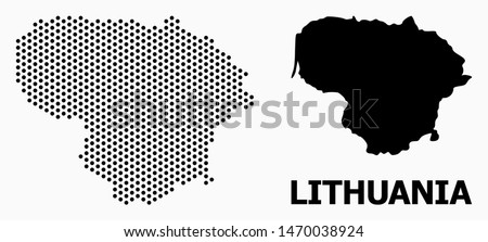 Pixel map of Lithuania composition and solid illustration. Vector map of Lithuania composition of circle pixels with honeycomb geometric pattern on a white background.