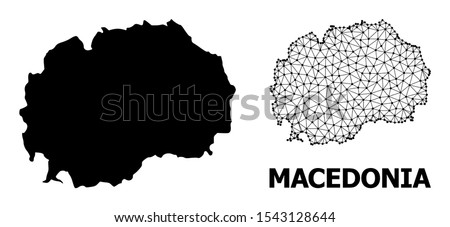 Solid and mesh vector map of Macedonia. Wire carcass flat polygonal mesh in vector EPS format, geographic models for patriotic designs. Illustrations are isolated on a white background.