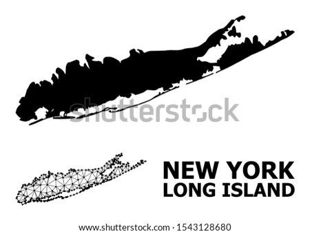 Solid and mesh vector map of Long Island. Wire frame 2D polygonal mesh in vector EPS format, geographic models for educational compositions. Illustrations are isolated on a white background.