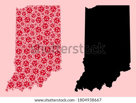 Vector flu virus mosaic and solid map of Indiana State. Map of Indiana State vector mosaic for hospital campaigns and agitprop. Map of Indiana State is designed from red virus ojects.