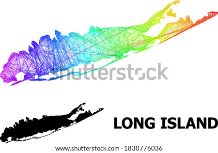 Network and solid map of Long Island. Vector structure is created from map of Long Island with intersected random lines, and has spectrum gradient. Abstract lines are combined into map of Long Island.