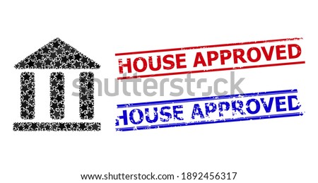 Library building star pattern and grunge House Approved seals. Red and blue seals with grunge surface and House Approved slogan.