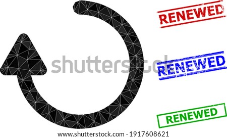 Triangle rotate right arrow polygonal icon illustration, and distress simple Renewed rubber seals. Rotate Right Arrow icon is filled with triangles. Simple seals uses lines, rects in red, blue,