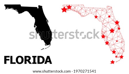 Network polygonal and solid map of Florida State. Vector structure is created from map of Florida State with red stars. Abstract lines and stars form map of Florida State.