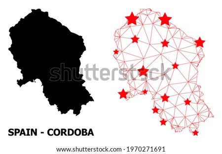 Carcass polygonal and solid map of Cordoba Spanish Province. Vector model is created from map of Cordoba Spanish Province with red stars.