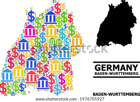 Vibrant financial and dollar mosaic and solid map of Baden-Wurttemberg State. Map of Baden-Wurttemberg State vector mosaic for promotion campaigns and projects.