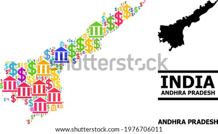 Colored bank and economics mosaic and solid map of Andhra Pradesh State. Map of Andhra Pradesh State vector mosaic for GDP campaigns and proclamations.