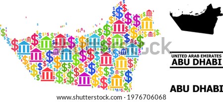 Multicolored bank and dollar mosaic and solid map of Abu Dhabi Emirate. Map of Abu Dhabi Emirate vector mosaic for GDP campaigns and agitprop.