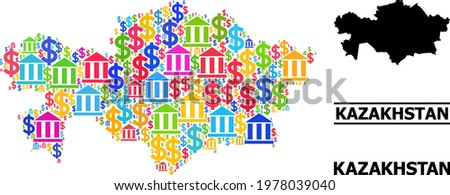 Bright colored banking and money mosaic and solid map of Kazakhstan. Map of Kazakhstan vector mosaic for geographic campaigns and projects.